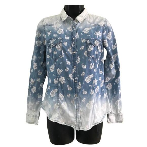 Bleach Dyed Denim Floral Shirt Forever 21 Small - Picture 1 of 6